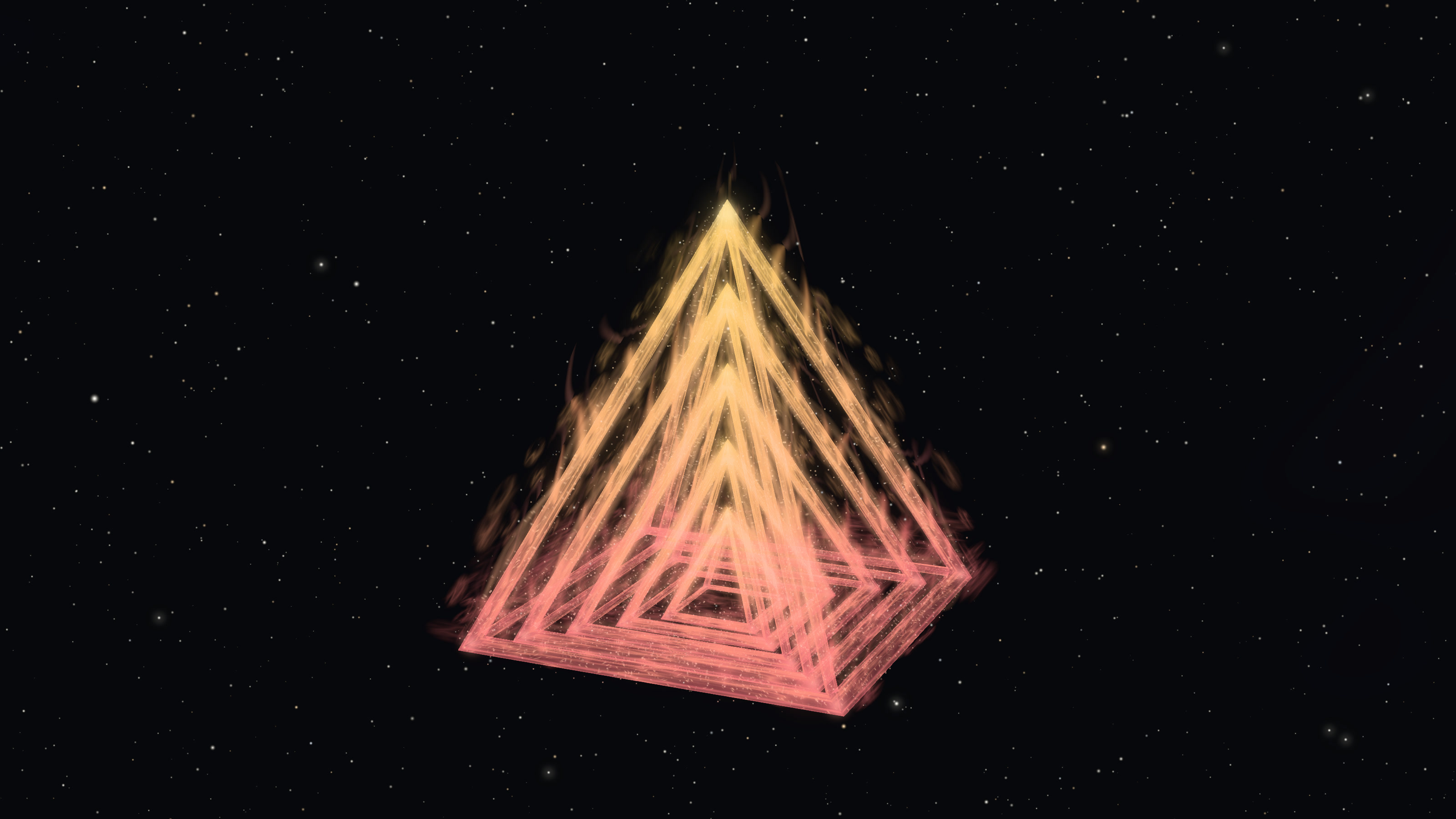 Five nested open pyramids made of warm gold and rose light, floating in space.